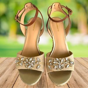 LIZ CLAIBORNE RHINESTONE BLING ANKLE STRAP JUTE PLATFORM WEDGE SANDALS